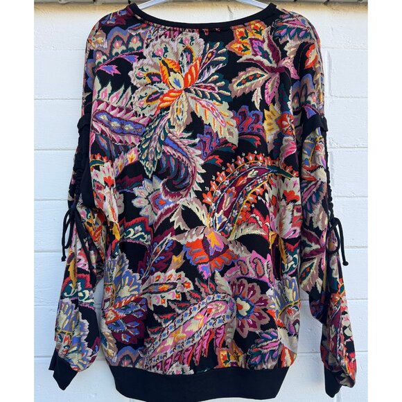 Eva Franco Boho Floral Paisley Ruched-Sleeve Sweatshirt, M, Made in USA - Picture 4 of 9
